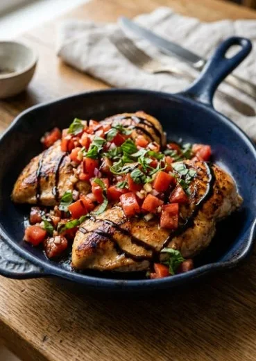 Healthy bruschetta chicken topped with fresh tomatoes and basil