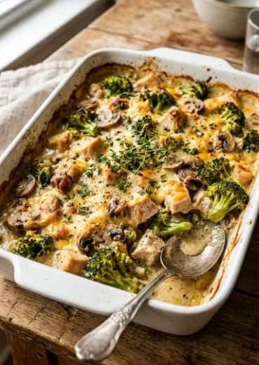 Healthy chicken broccoli casserole baked with nutritious ingredients
