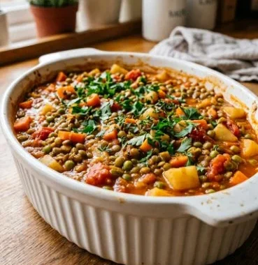 Hearty vegetarian lentil casserole topped with fresh herbs and vegetables.