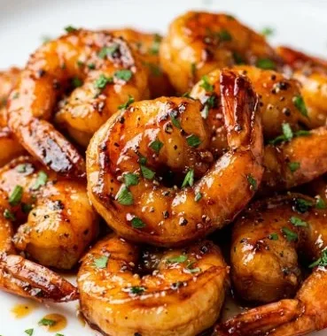 Plate of Hot Honey Shrimp garnished with herbs and spices