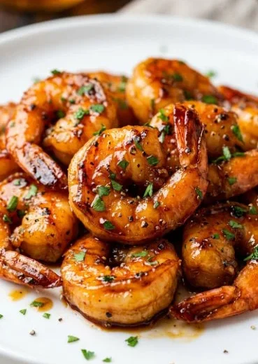Plate of Hot Honey Shrimp garnished with herbs and spices