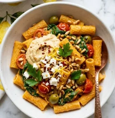 A bowl of creamy hummus pasta garnished with fresh herbs and vegetables.
