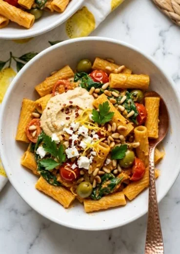 A bowl of creamy hummus pasta garnished with fresh herbs and vegetables.