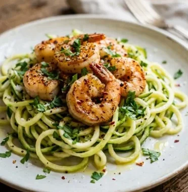 Irresistible zucchini noodle shrimp scampi served on a plate