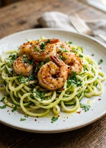 Irresistible zucchini noodle shrimp scampi served on a plate