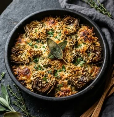 Delicious Italian Artichoke Casserole topped with cheese and herbs