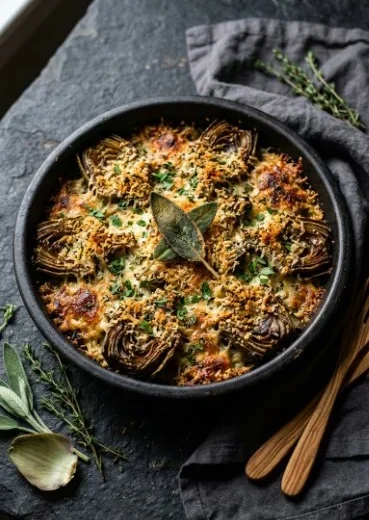 Delicious Italian Artichoke Casserole topped with cheese and herbs