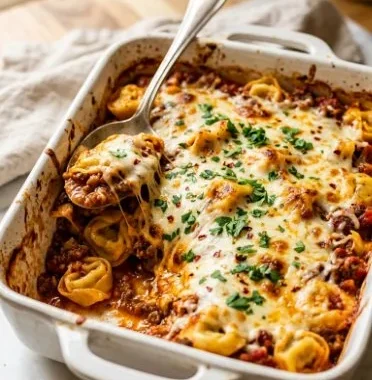 Delicious Italian Sausage Tortellini Casserole served in a baking dish