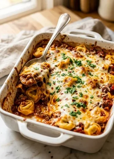 Delicious Italian Sausage Tortellini Casserole served in a baking dish