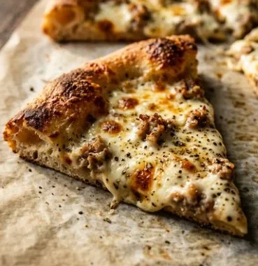 Delicious Italian sausage white pizza topped with fresh ingredients