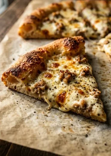 Delicious Italian sausage white pizza topped with fresh ingredients