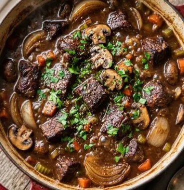 Italian-Style Beef and Mushroom Casserole served in a baking dish
