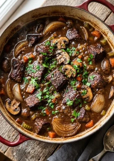 Italian-Style Beef and Mushroom Casserole served in a baking dish