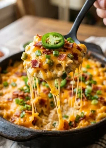 Delicious jalapeno popper casserole baked to perfection with cheesy and spicy toppings