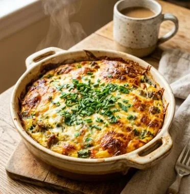 Keto cottage cheese egg bake served on a plate with fresh herbs.