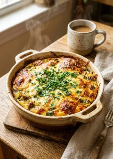 Keto cottage cheese egg bake served on a plate with fresh herbs.
