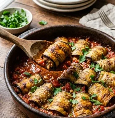 Keto Eggplant Meatball Casserole 1 Keto Eggplant Meatball Casserole served in a dish, garnished with herbs