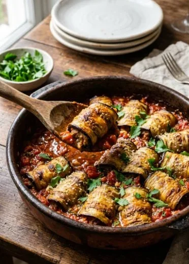 Keto Eggplant Meatball Casserole served in a dish, garnished with herbs