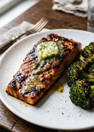 Keto Sheet Pan Salmon with Lemon Herb Butter on a plate
