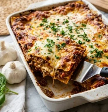 Delicious lasagna with cottage cheese, fresh herbs, and melted cheese topping