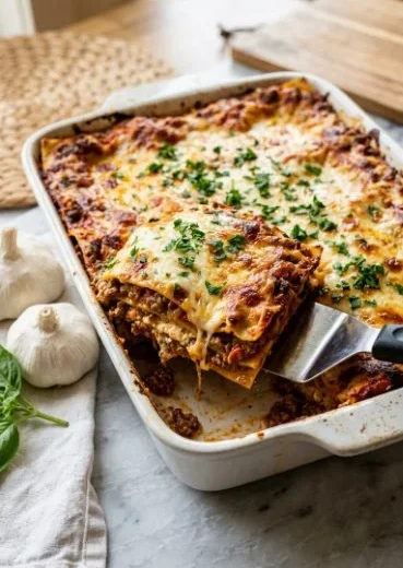 Delicious lasagna with cottage cheese, fresh herbs, and melted cheese topping