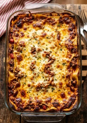 Delicious lasagna with meat sauce layered with pasta, cheese, and rich tomato sauce.