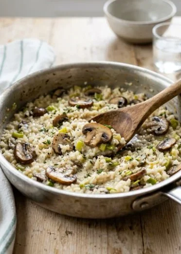 Delicious Leek Mushroom Cauliflower Risotto served in a bowl, garnished with herbs.
