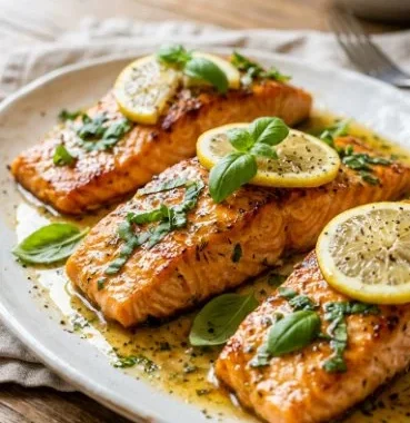 Lemon Basil Salmon Fillets 1 Delicious Lemon Basil Salmon Fillets garnished with herbs
