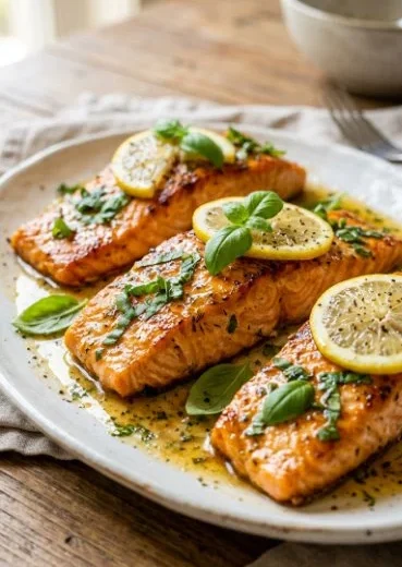 Delicious Lemon Basil Salmon Fillets garnished with herbs