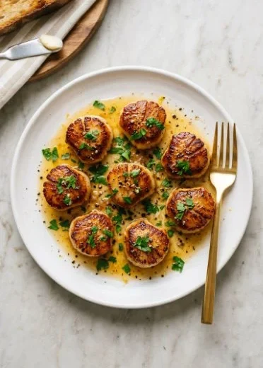 Delicious Lemon Butter Scallops served on a plate with garnishes