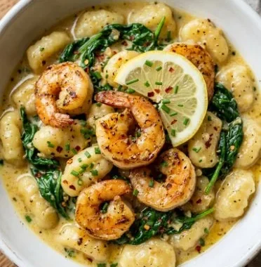 Lemon Garlic Shrimp Gnocchi Skillet 2 Lemon Garlic Shrimp Gnocchi Skillet served in a cast-iron pan