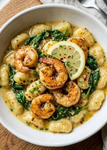 Lemon Garlic Shrimp Gnocchi Skillet served in a cast-iron pan