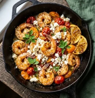 Lemon Garlic Shrimp with Feta Skillet 1 Lemon Garlic Shrimp with Feta cooked in a skillet, garnished with herbs.