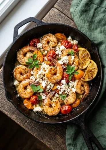 Lemon Garlic Shrimp with Feta cooked in a skillet, garnished with herbs.
