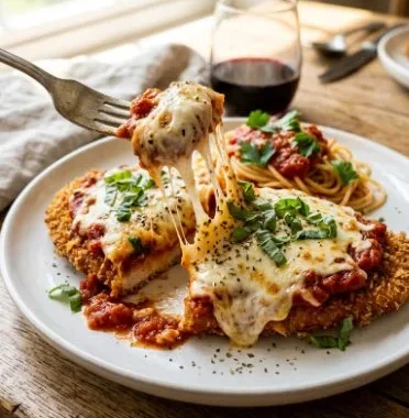 Lightened-up chicken parmesan served with a fresh side salad