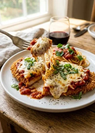Lightened-up chicken parmesan served with a fresh side salad