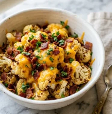 Loaded Cauliflower Casserole topped with cheese and green onions.