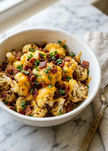 Loaded Cauliflower Casserole topped with cheese and green onions.