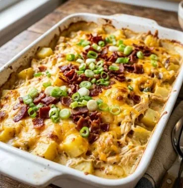 Loaded chicken potato casserole topped with cheese and herbs