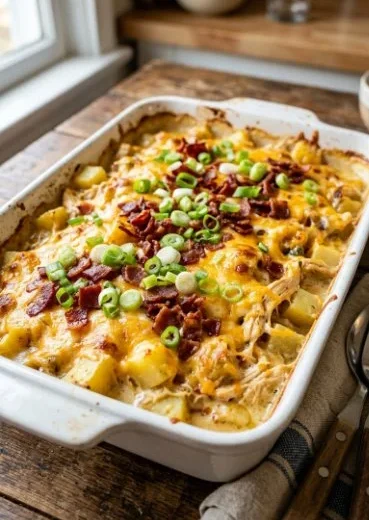 Loaded chicken potato casserole topped with cheese and herbs