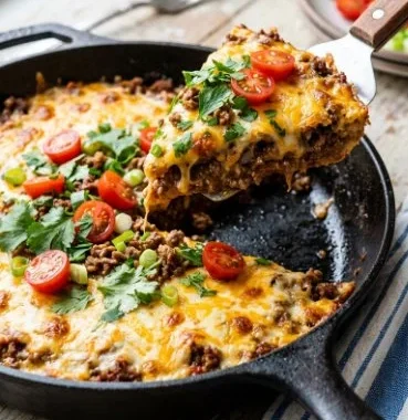 Low Carb Crustless Taco Pie 1 Low Carb Crustless Taco Pie served on a plate with toppings.