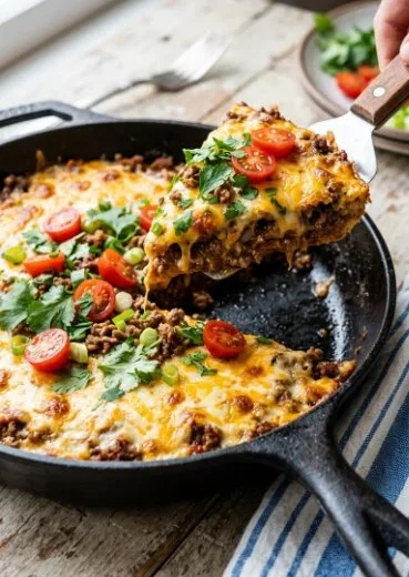 Low Carb Crustless Taco Pie served on a plate with toppings.