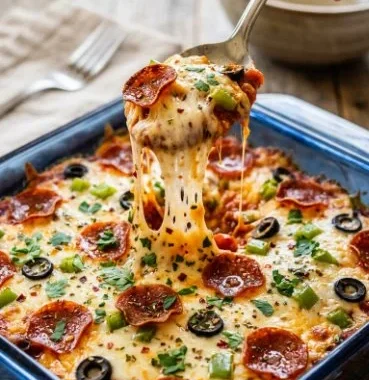 Low-Carb Keto Crustless Pizza Supreme Casserole 1 Low-Carb Keto Crustless Pizza Supreme Casserole served on a plate