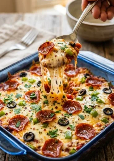 Low-Carb Keto Crustless Pizza Supreme Casserole served on a plate