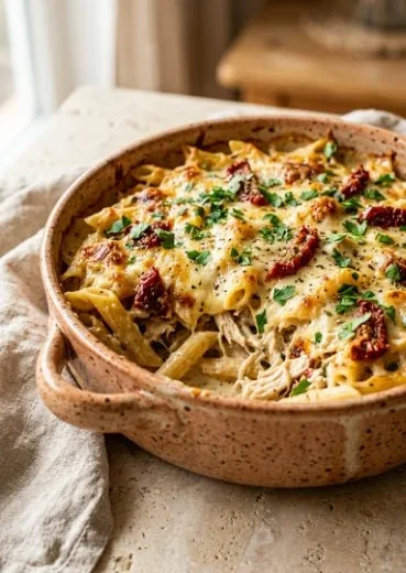 Delicious Marry Me Chicken Casserole topped with herbs and creamy sauce.