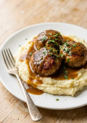 Delicious meatballs served in savory gravy on a plate