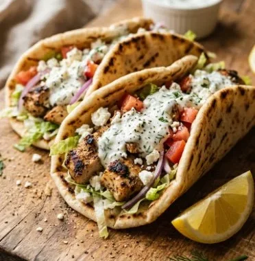 Mediterranean Chicken Pita Wraps 1 Delicious Mediterranean Chicken Pita Wrap filled with fresh vegetables and sauces