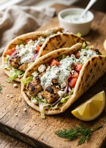 Delicious Mediterranean Chicken Pita Wrap filled with fresh vegetables and sauces