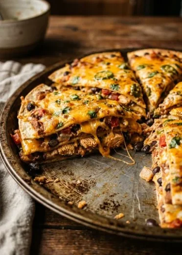 Layers of delicious Mexican Tortilla Casserole with cheese and toppings