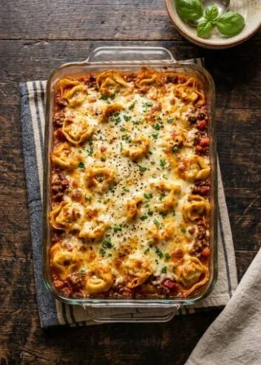 Delicious Million Dollar Baked Tortellini Casserole served in a baking dish